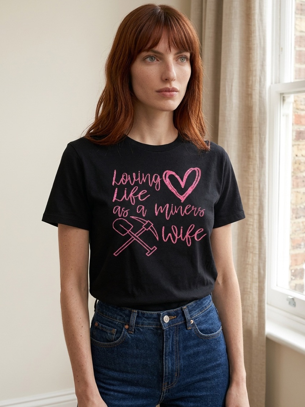 Black Short-Sleeve Graphic Tee with Pink Mining Wife Design